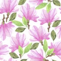 Magnolia flower and leaves seamless pattern, floral repeat ornament, bouquet with leaves and flowers simple watercolor Royalty Free Stock Photo