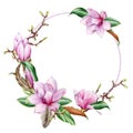 Magnolia flower round frame. Tender pink magnolia flower decoration. Watercolor illustration. Elegant wreath of spring