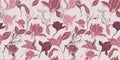 Magnolia flower skecth with ink hand drawn seamless pattern