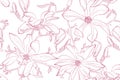 Magnolia flower vector illustration. Seamless pattern with pink flowers on a white background.