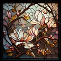 Magnolia Flower, Vintage Painting, White Magnolia Stained Glass Imitation, Abstract Generative AI Illustration