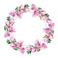 Magnolia flower wreath. Watercolor illustration. Tender pink magnolia flowers and buxus leaves. Round decoration