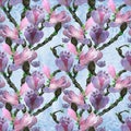 Magnolia - flowers and buds on a blue background. Drawing on craft paper. Seamless pattern. The branches are blooming. Royalty Free Stock Photo