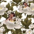 Magnolia flowers with leaves with beautiful girl. Fairies of flowers for fabric design. Beautiful flowers digital illustration,3-d
