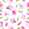 Magnolia flowers and leaves hand drawn watercolor seamless pattern Royalty Free Stock Photo