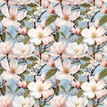 Magnolia Flowers, Leaves Seamless background, Exotic Summer Spring, Watercolor, Stylish Pastel colors Floral pattern,