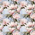 Magnolia Flowers, Leaves Seamless background, Exotic Summer Spring, Watercolor, Stylish Pastel colors Floral pattern, Royalty Free Stock Photo