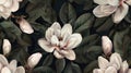 Magnolia flowers pattern featuring a dark leaf background. Royalty Free Stock Photo