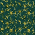Magnolia flowers on a twig. Seamless floral pattern. Semitransparent yellow flowers on dark green background. Watercolor painting.
