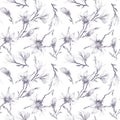 Magnolia flowers on a twig. Seamless pattern. Semitransparent grey flowers on white background. Seamless floral pattern.