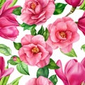Magnolia flowers, watercolor spring flora, seamless pattern