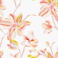 Magnolia light peach background, vector seamless flower print, floral plant arrangements. Tender orange yellow garden bloom