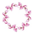 Magnolia pink flower wreath. Watercolor illustration. Tender magnolia flowers frame. Round blossom decoration. Elegant