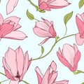 Magnolia sakura blooming flowers seamless pattern