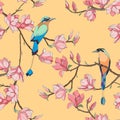 2049 magnolia, seamless pattern in bright colors, with magnolia flowers and birds, wallpaper ornament