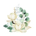 white magnolias and eucalyptus leaves. delicate illustration composition of flowers, green and golden leaves of eucalyptus. Royalty Free Stock Photo