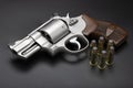 .44 magnum revolver hand gun with ammunition on black background Royalty Free Stock Photo