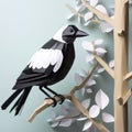 Magpie Paper Craft With Polygon Design On Tree Branch