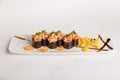 Maguro Sushi Roll Topping with Maguro Bluefin Tuna, Ebiko, Scallion and Sauce Royalty Free Stock Photo