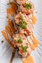 Maguro Sushi Roll Topping with MaguroBlufin Tuna, Ebiko, Scallion and Sauce Royalty Free Stock Photo