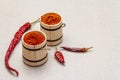 Magyar Hungarian red sweet and hot paprika powder. Traditional seasoning for cooking national food, different varieties of dry