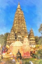 Mahabodhi Temple colorful painting, Bodh Gaya, Bihar India.