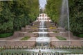 Mahan, Iran - 04.09.2019: Water cascades of Shahzadeh Mahan Historical Garden, Iran. Beautiful persian garden with water flowing