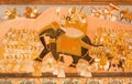 Maharaja riding on an elephant and his army on historical mural