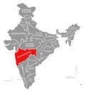 Maharashtra red highlighted in map of India