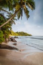 Mahe Island, Seychelles. Holiday vocation on the beautiful Anse intendance tropical beach. Coconut palm trees and ocean Royalty Free Stock Photo