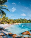 Mahe, Seychelles. Beautiful Anse intendance beach. Calm ocean waves rolling towards the shore with coconut palm trees Royalty Free Stock Photo