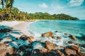 Mahe, Seychelles. Beautiful Anse intendance, tropical beach with ocean wave rolling towards sandy beach. Coconut palm Royalty Free Stock Photo