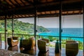 Mahe Seychelles , luxury swimming pool with chairs at the Four Season resort in the mountains La Digue tropical Island