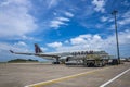 MAHE, SEYCHELLES - OCTOBER 4, 2018: Qatar Airways Plane at Mahe airport in Seychelles. Qatar Airways is included in the list of