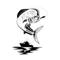 Mahi-mahi Dorado Dolphinfish Jumping Up With Fishing Boat Retro Black and White