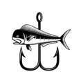 Mahi mahi fish and crossed fishing hooks. Design element for logo, emblem, sign, poster, t shirt. Royalty Free Stock Photo