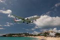 Maho Beach, Sint Maarten - 20th of October 2016: Low Flying Plan Royalty Free Stock Photo