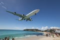 Maho Beach, Sint Maarten - 20th of October 2016: Low Flying Plan Royalty Free Stock Photo