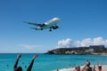 Maho Beach, Sint Maarten - 20th of October 2016: Low Flying Plan Royalty Free Stock Photo