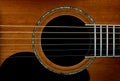 Mahogany Acoustic Guitar Soundhole and Rosette Inlay Closeup Royalty Free Stock Photo