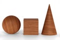 Mahogany wood 3D rendering figures geometric with shadows on white