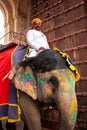 Mahout on decorated elephant entering Suraj Pol Sun Gate to Ja