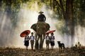 Mahout and student little asian in uniform are raising elephants on walkway in forest. Student little asian girl and boy singsong Royalty Free Stock Photo