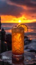 Mai Tai with a backdrop of Polynesian tiki statues and a Pacific island sunset.