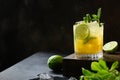 Mai Tai Cocktail. Classic rum tropical cocktail with lime arnish mint on black. Copy space Royalty Free Stock Photo