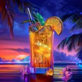 Mai Tai Cocktail Cocktail on Neon Background, Tropical Mocktail, Maitai Beach Party Coctail Royalty Free Stock Photo