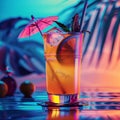 Mai Tai Cocktail Cocktail on Neon Background, Tropical Mocktail, Maitai Beach Party Coctail Royalty Free Stock Photo