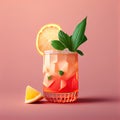 Mai Tai Cocktail on Pink Background, Tropical Coctail, Maitai Drink, Abstract Generative AI Illustration Royalty Free Stock Photo