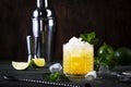 Mai Tai cocktail, refreshing drink with white rum, liqueur, sugar syrup, lime juice, mint and crushed ice. Dark background, bar Royalty Free Stock Photo