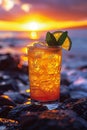 Mai Tai at a sunset luau on a Hawaiian beach Royalty Free Stock Photo